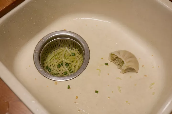 Cabbage, scallion and sesame caught beside half a dumpling
