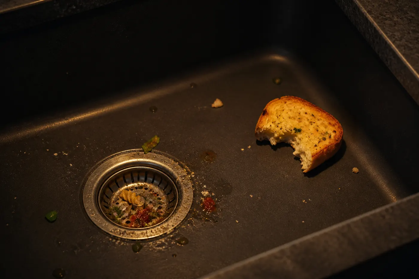 Fusilli, basil and tomato in a drain strainer beside half a piece of garlic bread