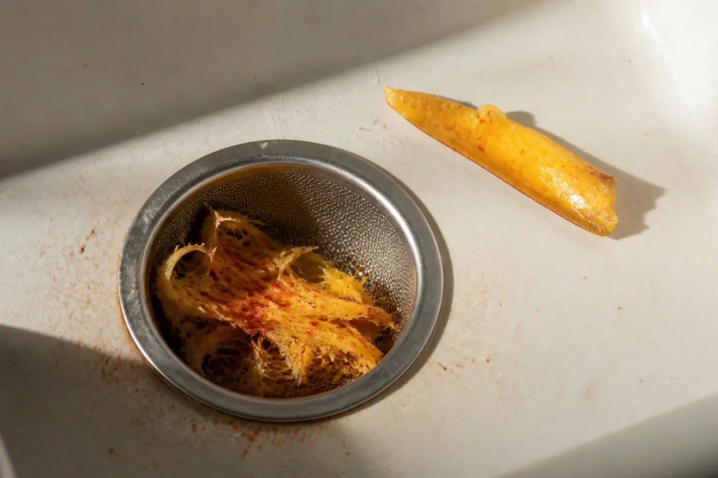 Mesh strainer with chili-dusted mango fibers and a mango slice in a pale stone sink