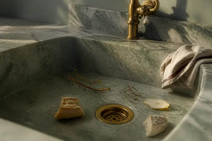 Pear, bread, and cheese in a marble sink
