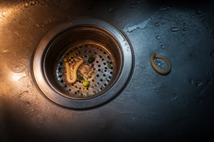 Noodle pieces and scallion caught in a metal strainer