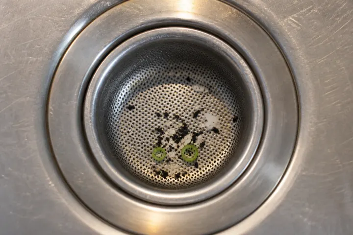 Black and white sesame, rice and scallion in a sink strainer