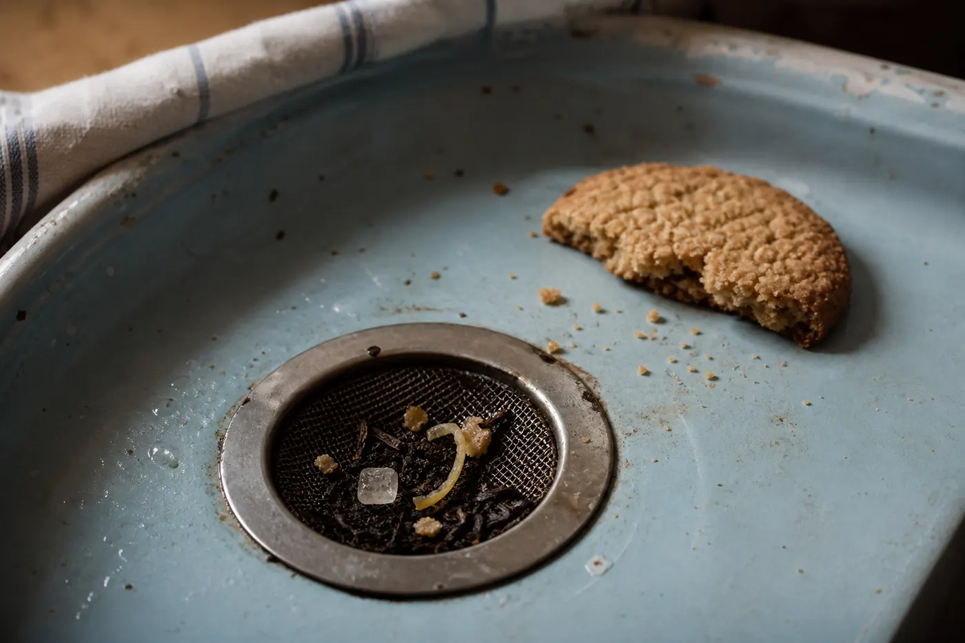 Tea leaves, lemon pith and biscuit crumbs in a blue enamel sink strainer beside a biscuit