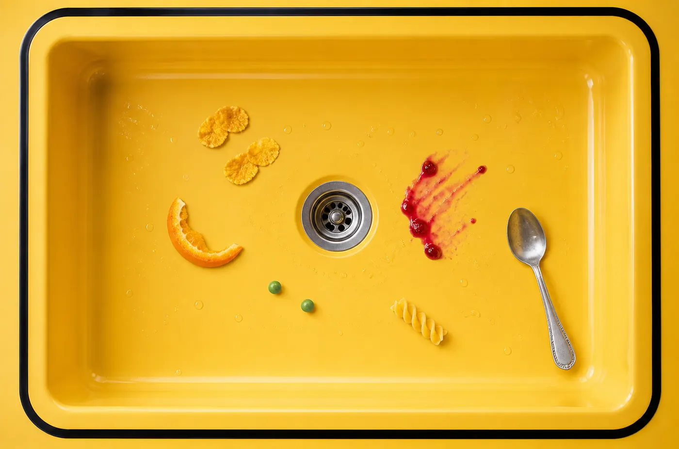 Yellow enamel sink with orange peel, cereal, berry trace, peas, pasta and spoon
